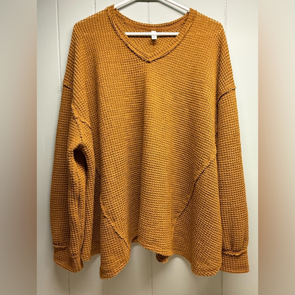Wishlist Mustard Waffle Knit V-Neck Sweater